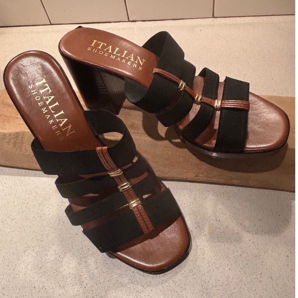 NWOB Italian Shoemakers Women's Black Strappy Block Heel Slide Sandals Italy 8.5